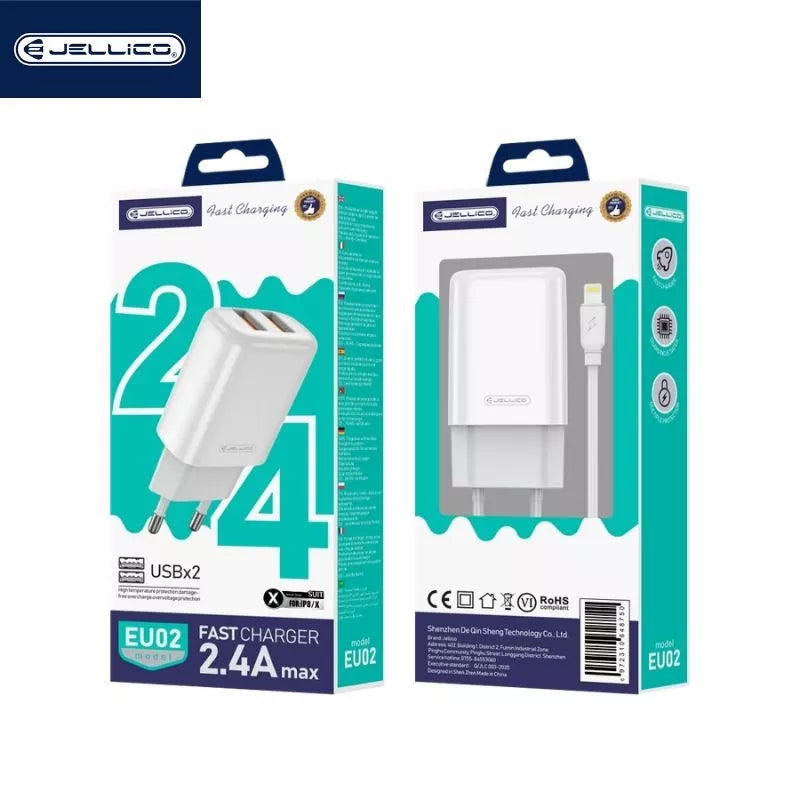 Jellico EU02 Dual Port USB Power Adapter (2.4A) with USB to Lightning Cable (Box/Blister) White