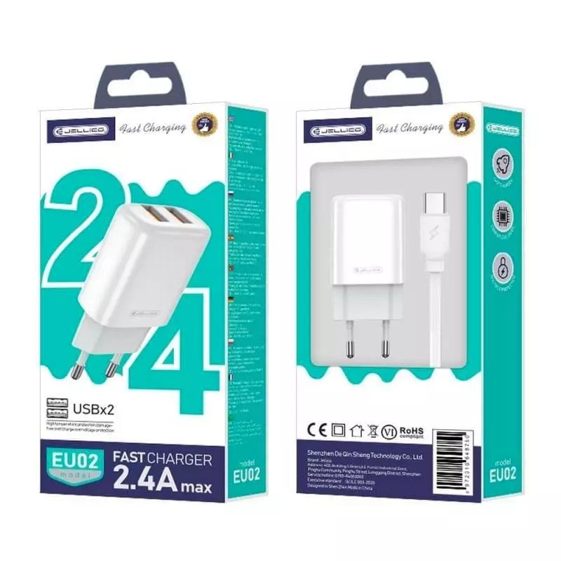Jellico EU02 Dual Port USB Power Adapter (2.4A) with USB to USB-C Cable (Box/Blister) White