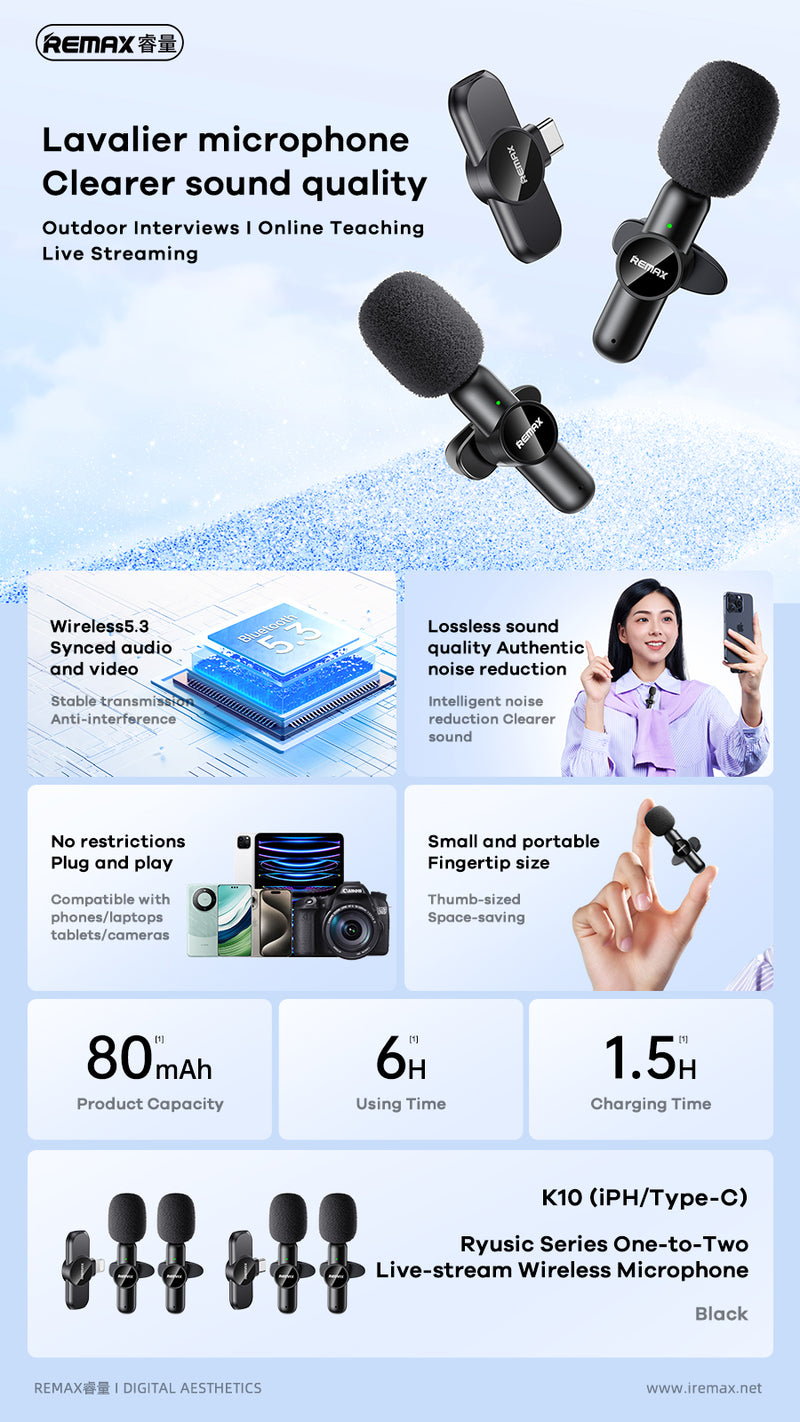 REMAX Ryusic Series One-to-Two Live-Stream Wireless Microphone K10 Type-C Black