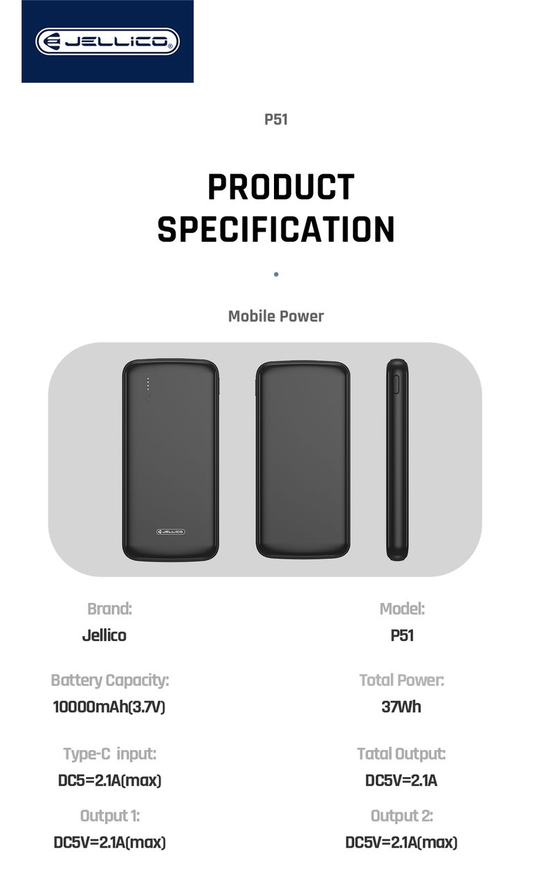 Jellico Power Bank 10.000mAh Fast Charger P51