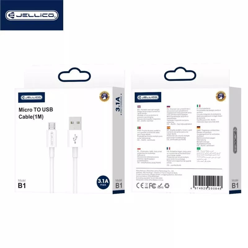 Jellico USB to Micro USB Cable (3.1 A) 1 meter B1 (Box/blister) white