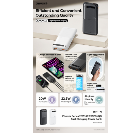 REMAX Piloteer Series 20W+22.5W Fast Charging Power Bank 10000mAh RPP-71 White